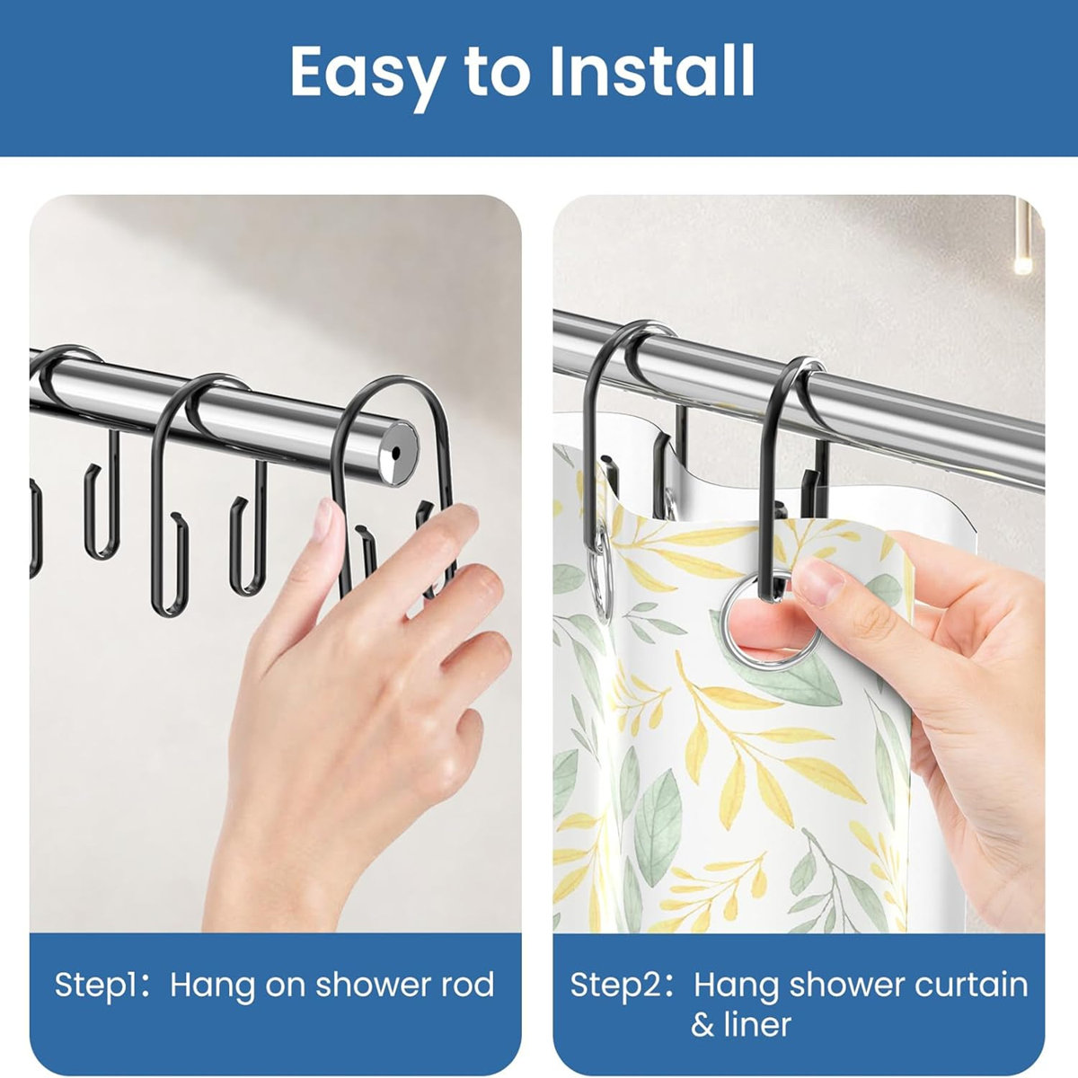Double Sided Shower Curtain Rings Rust Proof，12 Pcs Shower Hooks For Inside Shower，Smooth Sliding Anti-Drop Double Shower Rings For Curtain
